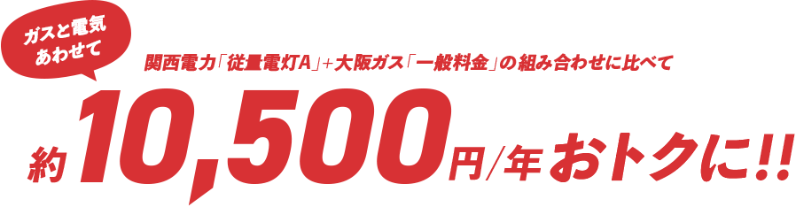 ガスと電気あわせて関西電力「従量電灯A」+大阪ガス「一般料金」の組み合わせに比べて年間約10,500円おトクに！！