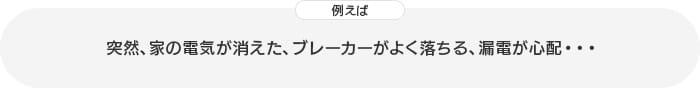 例えば、突然、家の電気が消えた、ブレーカーがよく落ちる、漏電が心配・・・