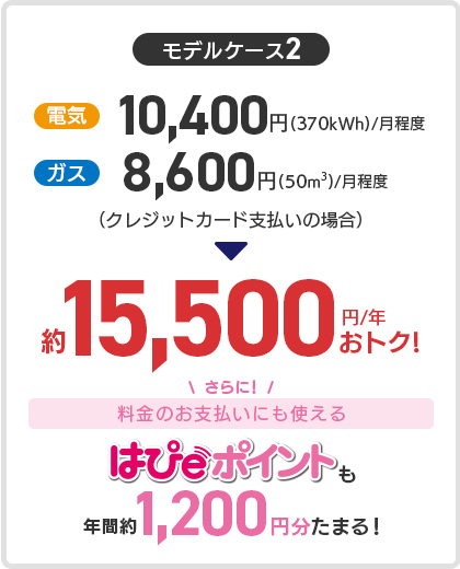 モデルケース2：電気10,400円(370kWh)/月程度、ガス：8,600円(50m³)/月程度（クレジットカード支払いの場合） 約15,500円/年 おトク！さらに料金のお支払いにも使えるはぴeポイントも年間約1,200円分たまる！