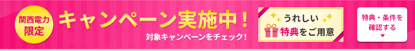 関西電力限定　キャンペーン実施中！うれしい特典をご用意　対象キャンペーンをチェック！特典・条件を確認する