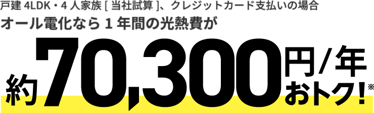 戸建4LDK・4人家族[当社試算]、クレジットカード支払いの場合オール電化なら1年間の光熱費が約70,300円/年おトク！※