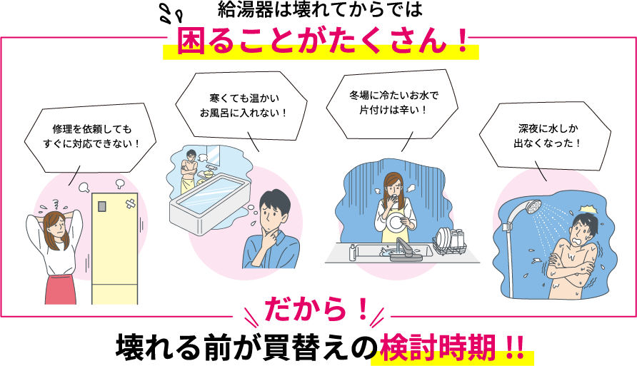 給湯機は壊れてからでは、困ることがたくさん!「修理を依頼してもすぐに対応できない！」「寒くても温かいお風呂に入れない！」「冬場に冷たいお水で片付けは辛い！」「深夜に水しか出なくなった！」 だから！壊れる前が買替えの検討時期!!