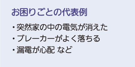 お困りごとの代表例 ・突然家の中の電気が消えた ・ブレーカーがよく落ちる・漏電が心配 など