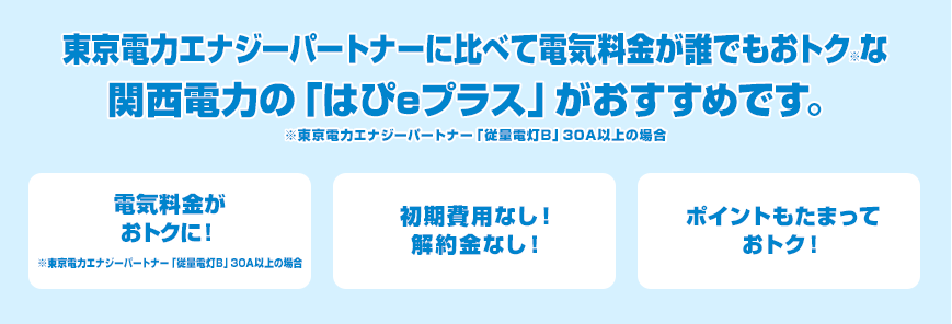 東京電力に比べて電気料金が誰でもおトク※な関西電力の「はぴeプラス」がおすすめです。※東京電力「従量電灯B」30A以上の場合 電気料金がおトクに！※東京電力「従量電灯B」30A以上の場合 初期費用なし！解約金なし！ ポイントもたまっておトク！