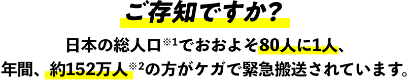 ご存知ですか？日本の総人口※1でおおよそ80人に1人、年間、約152万人※2の方がケガで緊急搬送されています。