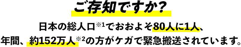 ご存知ですか？日本の総人口※1でおおよそ80人に1人、年間、約152万人※2の方がケガで緊急搬送されています。