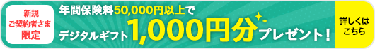 新規ご契約者さま限定 年間保険料50,000円以上でデジタルギフト1,000円分プレゼント！ 詳しくはこちら