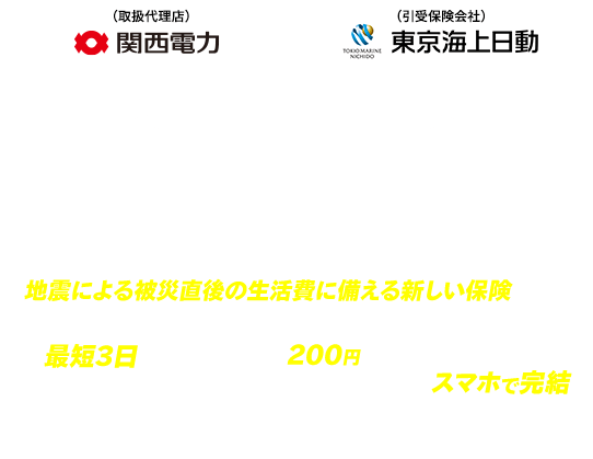 地震に備えるEQuick保険　「地震に備えるEQuick保険」は、地震による被災直後の生活費に備える新しい保険です。・最短3日で保険金受け取り※１ ・月換算200円から加入できる※２ ・お申込み手続きはスマホで完結　※１社会インフラ等の稼働状況によっては、日数を要する場合があります。 ※２保険料の払込方法はクレジットカード払い（一時払い）となります。