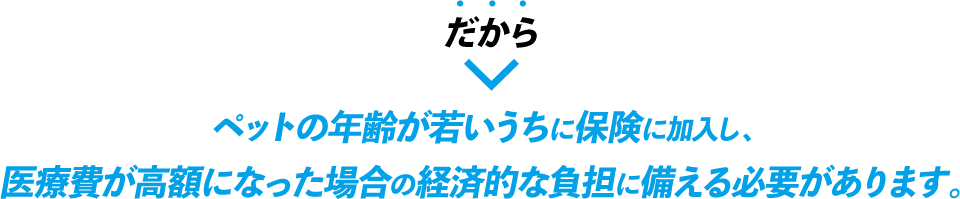 だから ペットの年齢が若いうちに保険に加入し、医療費が高額になった場合の経済的な負担に備える必要があります。