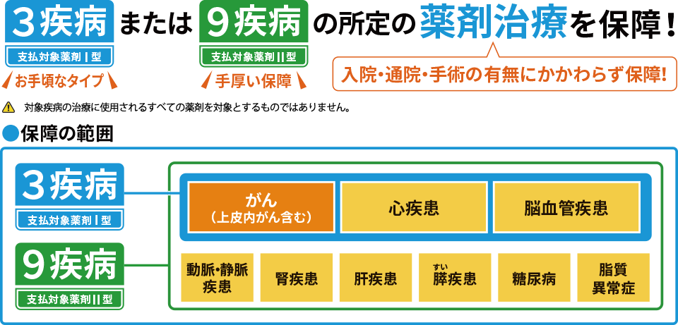 ３疾病または９疾病の所定の薬剤治療を保障！
