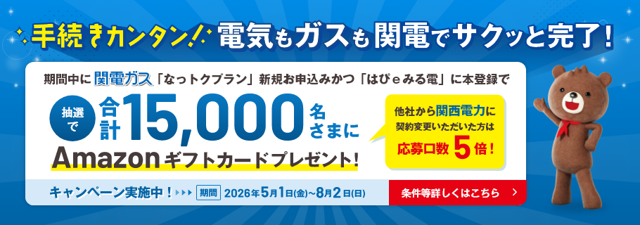 最大1万円分が当たるチャンス！「Amazonギフトカード」を抽選で合計15,000名さまにプレゼント！他社から関西電力に契約変更いただいた方は、応募口数が5倍※3！