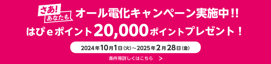 さあ！あなたもオール電化キャンペーン実施中！！はぴｅポイント20,000ポイントプレゼント