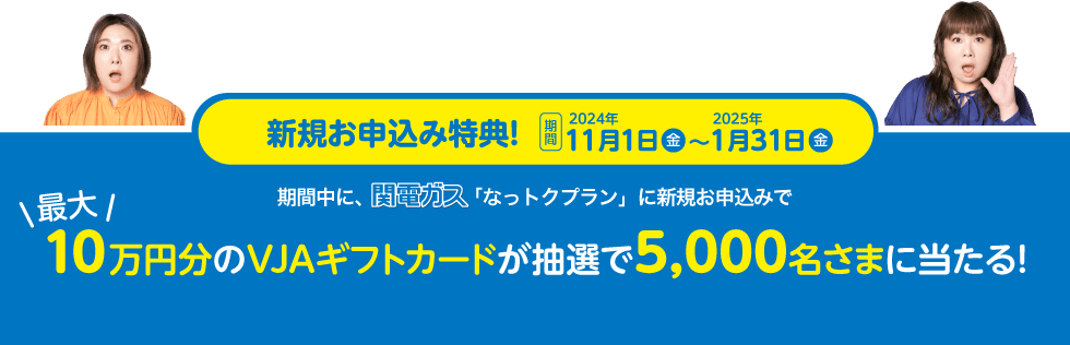 新規お申込み特典！期間2024年11月1日(金)～2025年1月31日(金)--期間中に、関電ガス「なっトクプラン」に新規お申込みで最大10万円分のVJAギフトカードが抽選で5,000名さまに当たる！