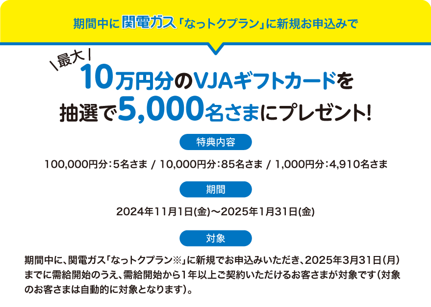 期間中に関電ガス「なっトクプラン」に新規お申込みで最大10万円分のVJAギフトカードを抽選で5,000名さまにプレゼント！特典内容：100,000円分：5名さま/10,000円分：85名さま/1,000円分：4,910名さま 期間：2024年11月1日(金)～2025年1月31日(金) 対象：期間中に、関電ガス「なっトクプラン※」に新規でお申込みいただき、2025年3月31日（月）までに需給開始のうえ、需給開始から1年以上ご契約いただけるお客さまが対象です（対象のお客さまは自動的に対象となります）。