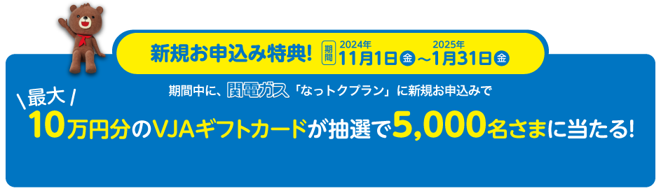 新規お申込み特典！期間2024年11月1日(金)～2025年1月31日(金)-- 期間中に、関電ガス「なっトクプラン」に新規お申込みで最大10万円分のVJAギフトカードが抽選で5,000名さまに当たる！