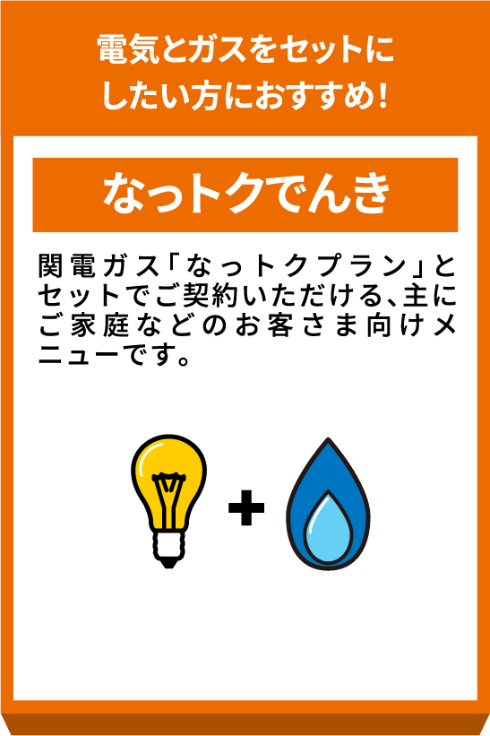 電気とガスをセットにしたい方におすすめ！ なっトクでんき 関電ガス「なっトクプラン」とセットでご契約いただける、主にご家族などのお客さま向けメニューです。