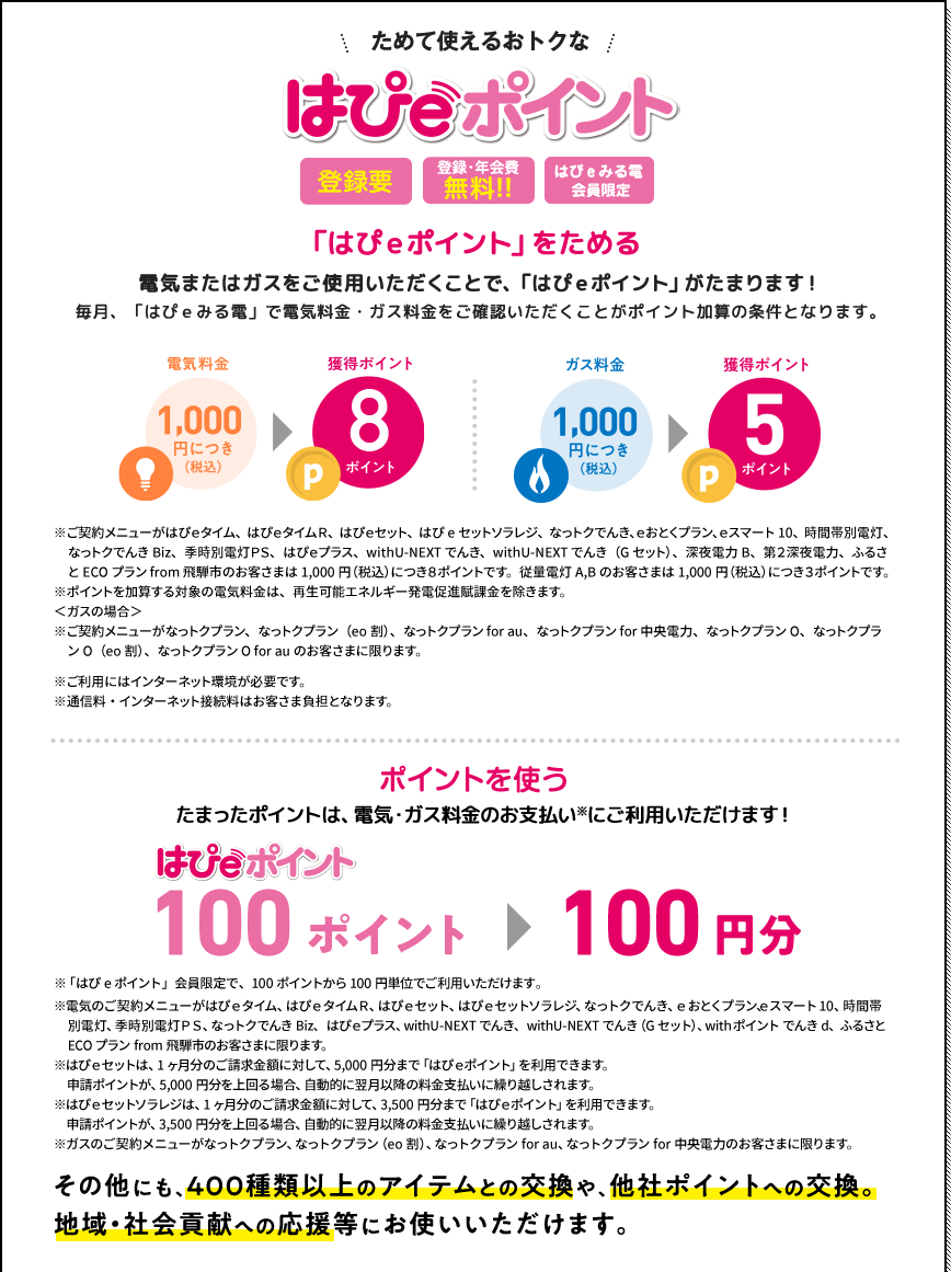 ためて使えるおトクなはぴeポイント＜登録要＞＜登録・年会費無料!!＞「はぴｅポイント」をためる電気またはガスをご使用いただくことで、「はぴｅポイント」がたまります！毎月、「はぴｅみる電」で電気料金・ガス料金をご確認いただくことがポイント加算の条件となります。※ご契約メニューがはぴｅタイム、はぴｅタイムＲ、はぴｅセット、はぴeセットソラレジ、なっトクでんき、ｅおとくプラン、ｅスマート10、時間帯別電灯、なっトクでんきBiz、季時別電灯ＰＳ、はぴｅプラス、withU-NEXT でんき、withU-NEXT でんき（Gセット）、深夜電力B、第２深夜電力、ふるさとECOプラン from 飛騨市のお客さまは1,000円（税込）につき８ポイントです。従量電灯A,Bのお客さまは1,000円（税込）につき３ポイントです。※ポイントを加算する対象の電気料金は、再生可能エネルギー発電促進賦課金を除きます。＜ガスの場合＞※ご契約メニューがなっトクプラン、なっトクプラン（eo割）、なっトクプラン for au、なっトクプラン for 中央電力、なっトクプランO、なっトクプランO（eo割）、なっトクプランO for auのお客さまに限ります。※ご利用にはインターネット環境が必要です。※通信料・インターネット接続料はお客さま負担となります。