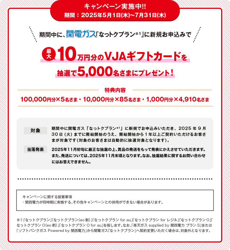 キャンペーン実施中！！期間 ：2025年5月1日(木)〜7月31日(木)期間中に、関電ガス「なっトクプラン※1」に新規お申込みで最大10万円分のVJAギフトカードを抽選で5,000名さまにプレゼント！[特典内容]・100,000円分×5名さま・10,000円分×85名さま・1,000円分×4,910名さま[対象]期間中に関電ガス「なっトクプラン※1」に新規でお申込みいただき、2025年9月30日（火）までに需給開始のうえ、需給開始から1年以上ご契約いただけるお客さまが対象です（対象のお客さまは自動的に抽選対象となります）。[当落発表]2025年11月初旬に厳正な抽選の上、賞品の発送をもって発表にかえさせていただきます。また、発送については、2025年11月末頃となります。なお、抽選結果に関するお問い合わせにはお答えできません。[キャンペーンに関する留意事項]・関西電力が同時期に実施する、その他キャンペーンとの併用ができない場合があります。※1:「なっトクプラン」「なっトクプラン（eo割）」「なっトクプラン for au」「なっトクプラン for レジル」「なっトクプランO」「なっトクプランO（eo割）」「なっトクプランO for au」を指します。なお、「楽天ガス supplied by 関西電力 プランS」または「ソフトバンクガス Powered by 関西電力」から関電ガス「なっトクプラン」へ契約変更いただく場合は、対象外となります。
