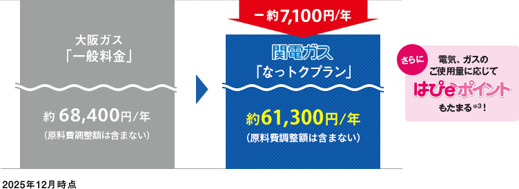 [2025年12月時点]大阪ガス「一般料金」約68,400円／年（原料費調整額含まない）→ −約7,100円／年 関電ガス「なっトクプラン」約61,300円／年（原料費調整額は含まない）さらに電気、ガスのご使用量に応じてはぴeポイントも貯まる！※3