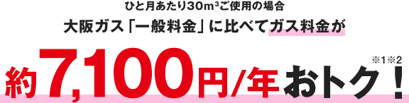 ひと月あたり30m3ご使用の場合大阪ガス「一般料金」に比べてガス料金が約7,100円/年おトク！※1※2