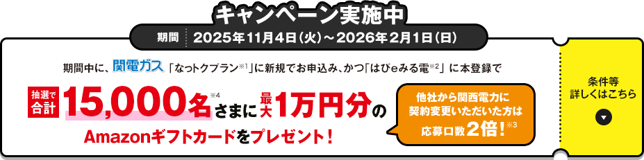 キャンペーン実施中 期間 2025年11月4日（火）～2026年2月1日（日）期間中に、関電ガス「なっトクプラン※1」に新規でお申込み、かつ「はぴeみる電※2」に本登録で抽選で合計15,000名※4さまに最大1万円分のAmazonギフトカードをプレゼント！[他社から関西電力に契約変更いただいた方は応募口数2倍！※3]条件等詳しくはこちら