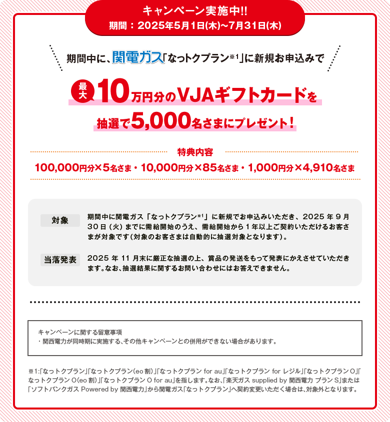 キャンペーン実施中！！期間 ：2025年5月1日(木)〜7月31日(木)期間中に、関電ガス「なっトクプラン※1」に新規お申込みで最大10万円分のVJAギフトカードを抽選で5,000名さまにプレゼント！[特典内容]・100,000円分×5名さま・10,000円分×85名さま・1,000円分×4,910名さま[対象]期間中に関電ガス「なっトクプラン※1」に新規でお申込みいただき、2025年9月30日（火）までに需給開始のうえ、需給開始から1年以上ご契約いただけるお客さまが対象です（対象のお客さまは自動的に抽選対象となります）。[当落発表]2025年11月末に厳正な抽選の上、賞品の発送をもって発表にかえさせていただきます。なお、抽選結果に関するお問い合わせにはお答えできません。[キャンペーンに関する留意事項]・関西電力が同時期に実施する、その他キャンペーンとの併用ができない場合があります。※1:「なっトクプラン」「なっトクプラン（eo割）」「なっトクプラン for au」「なっトクプラン for レジル」「なっトクプランO」「なっトクプランO（eo割）」「なっトクプランO for au」を指します。なお、「楽天ガス supplied by 関西電力 プランS」または「ソフトバンクガス Powered by 関西電力」から関電ガス「なっトクプラン」へ契約変更いただく場合は、対象外となります。