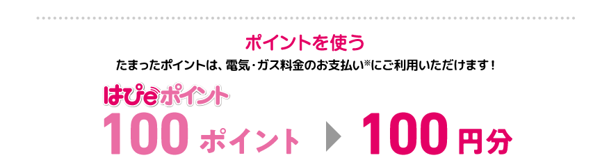 [「はぴｅポイント」を使う]たまったポイントは、電気・ガス料金のお支払い※にご利用いただけます！「はぴｅポイント」100ポイント→100円分 