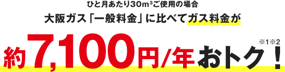 ひと月あたり30m3ご使用の場合大阪ガス「一般料金」に比べてガス料金が約7,100円/年おトク！※1※2