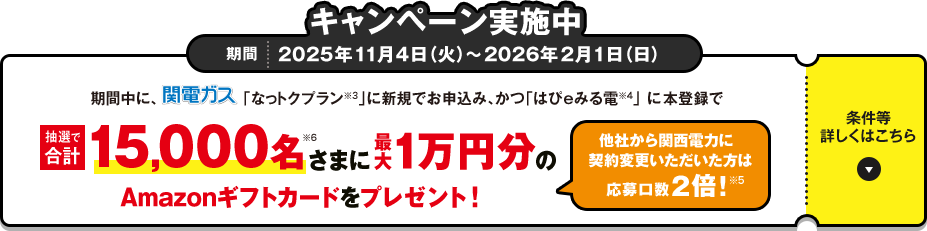 キャンペーン実施中 期間 2025年11月4日（火）～2026年2月1日（日）期間中に、関電ガス「なっトクプラン※3」に新規でお申込み、かつ「はぴeみる電※4」に本登録で抽選で合計15,000名※6さまに最大1万円分のAmazonギフトカードをプレゼント！[他社から関西電力に契約変更いただいた方は応募口数2倍！※5]条件等詳しくはこちら