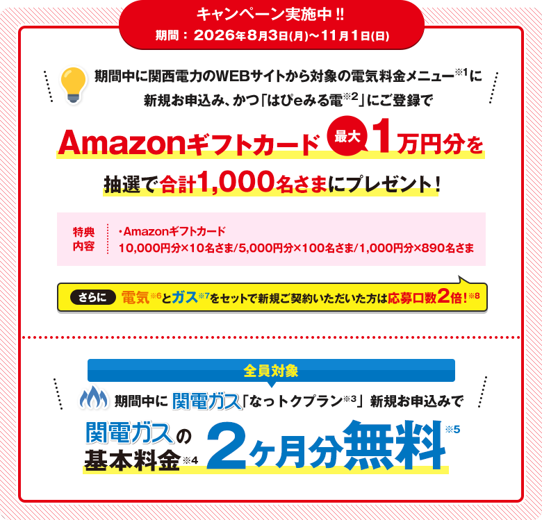 キャンペーン実施中！期間 ：2026年8月3日月曜日から11月1日日曜日まで　期間中に関西電力のWEBサイトから対象の電気料金メニュー に新規お申込み、かつ「はぴｅみる電」にご登録で抽選で合計1,000名さまにAmazonギフトカード1万円分プレゼント！さらに電気とガスをセットで新規ご契約いただいた方は応募口数2倍！【全員対象】期間中関電ガス「なっトクプラン」に新規お申込みで関電ガスの基本料金2ヶ月分無料