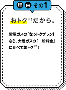 理由その1 おトクだから。 関電ガスの「なっトクプラン」なら、大阪ガスの「一般料金」に比べておトク！