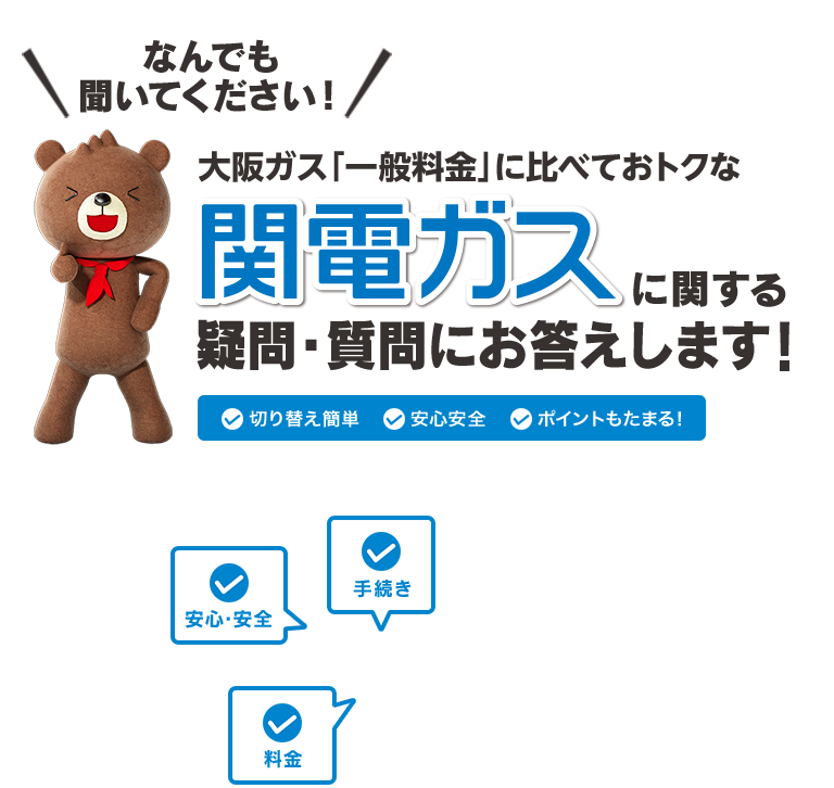 なんでも聞いてください！大阪ガス「一般料金」に比べておトクな関電ガスに関する疑問・質問にお答えします！ 切り替え簡単 安心安全 ポイントもたまる！