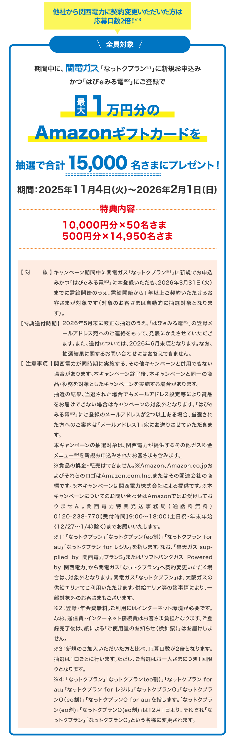 期間中に、関電ガス「なっトクプラン※1」に新規お申込みかつ「はぴｅみる電※2」に本登録で最大1万円分のAmazonギフトカードを抽選で合計15,000名さまにプレゼント！