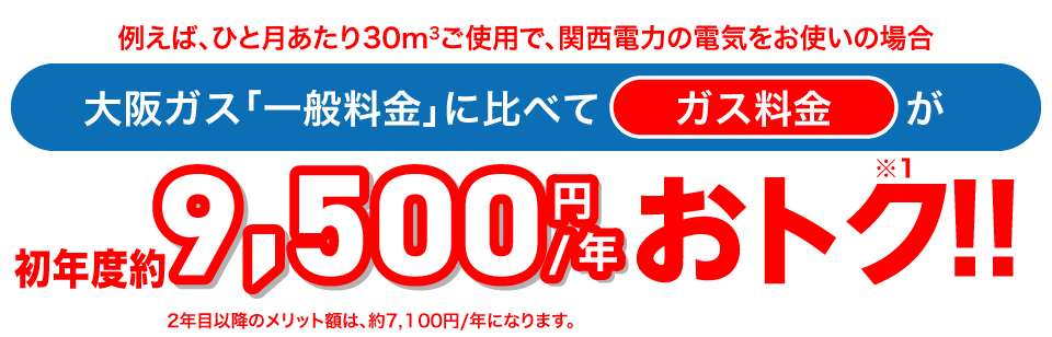 例えば、ひと月あたり30㎥ご使用で、大阪ガス「一般料金」に比べてガス料金が初年度約9,500円/年※1おトク!!