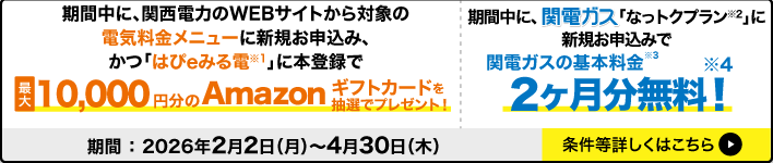 期間中に、関西電力のWEBサイトから対象の電気料金メニューに新規お申込み、かつ「はぴｅみる電」にご登録で最大10,000円分のAmazonギフトカードを抽選でプレゼント！期間中に、関電ガス「なっトクプラン」に新規お申込みで関電ガスの基本料金2ヶ月分無料！期間：2026年2月2日（月）～4月30日（木）条件等詳しくはこちら