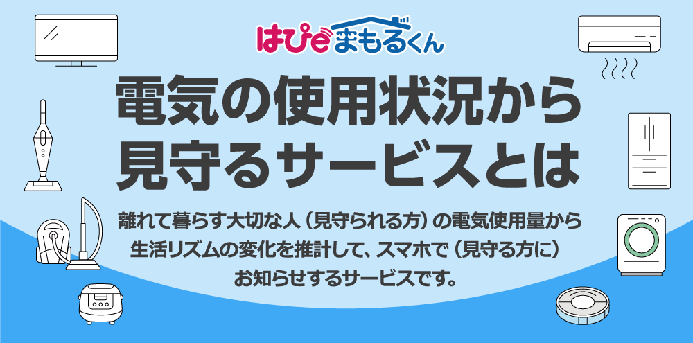 はぴeまもるくん、電気の使用状況から見守るサービスとは、離れて暮らす大切な人（見守られる方）の電気使用量から、生活リズムの変化を推計して、スマホで（見守る方に）お知らせするサービスです。