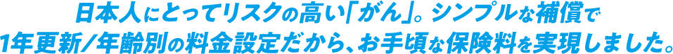 日本人にとってリスクの高い「がん」。 シンプルな補償で
                1年更新/年齢別の料金設定だから、お手頃な保険料を実現しました。