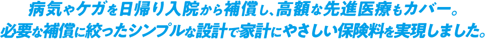病気やケガを日帰り入院から補償し、高額な先進医療もカバー。必要な補償に絞ったシンプルな設計で 家計にやさしい保険料を実現し