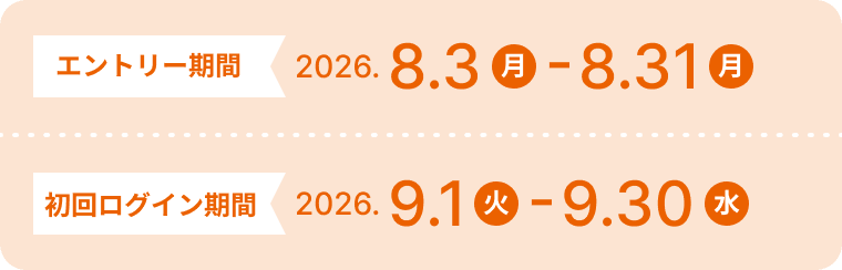 エントリー期間 2026.8.3(月)-8.31(月) 初回ログイン期間 2026.9.1(火)-9.30(水)