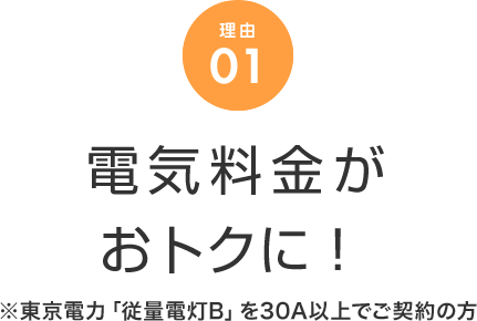 理由01 電気料金がおトクに! ※東京電力「従量電灯B」を30A以上でご契約の方