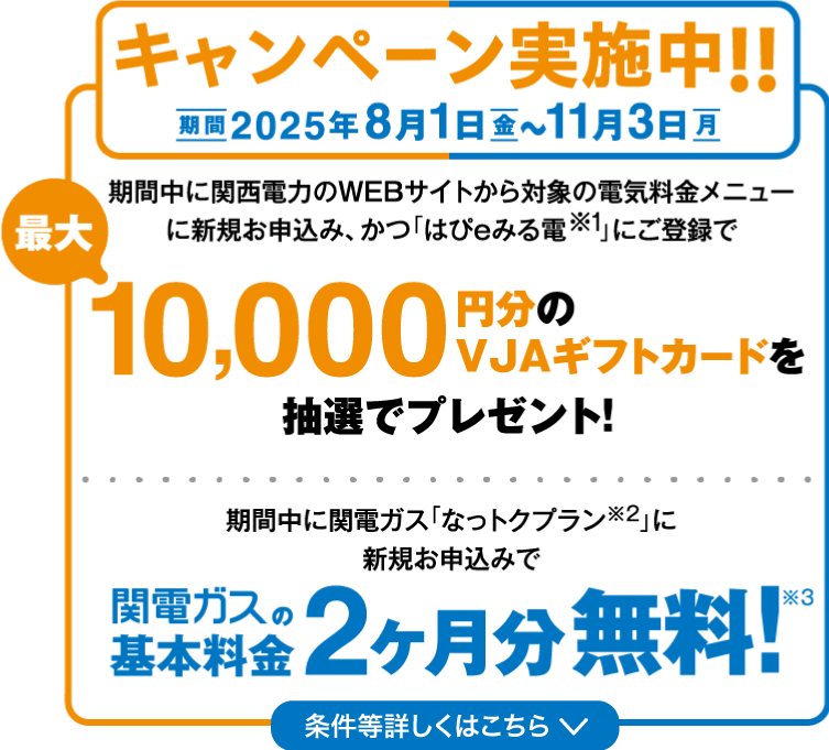 キャンペーン実施中！！期間2025年8月1日（金）～11月3日（月）期間中に関西電力のWEBサイトから対象の電気料金メニューに新規お申込み、かつ「はぴｅみる電※1」にご登録で最大10,000円分のVJAギフトカードを抽選でプレゼント！ 期間中に関電ガス「なっトクプラン※2」に新規お申込みで関電ガスの基本料金2ヶ月分無料！※3